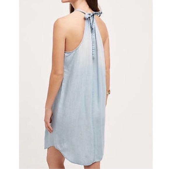 Anthro ombré light blue chambray halter midi dress w/ drawstring neck Sz L - Picture 10 of 10